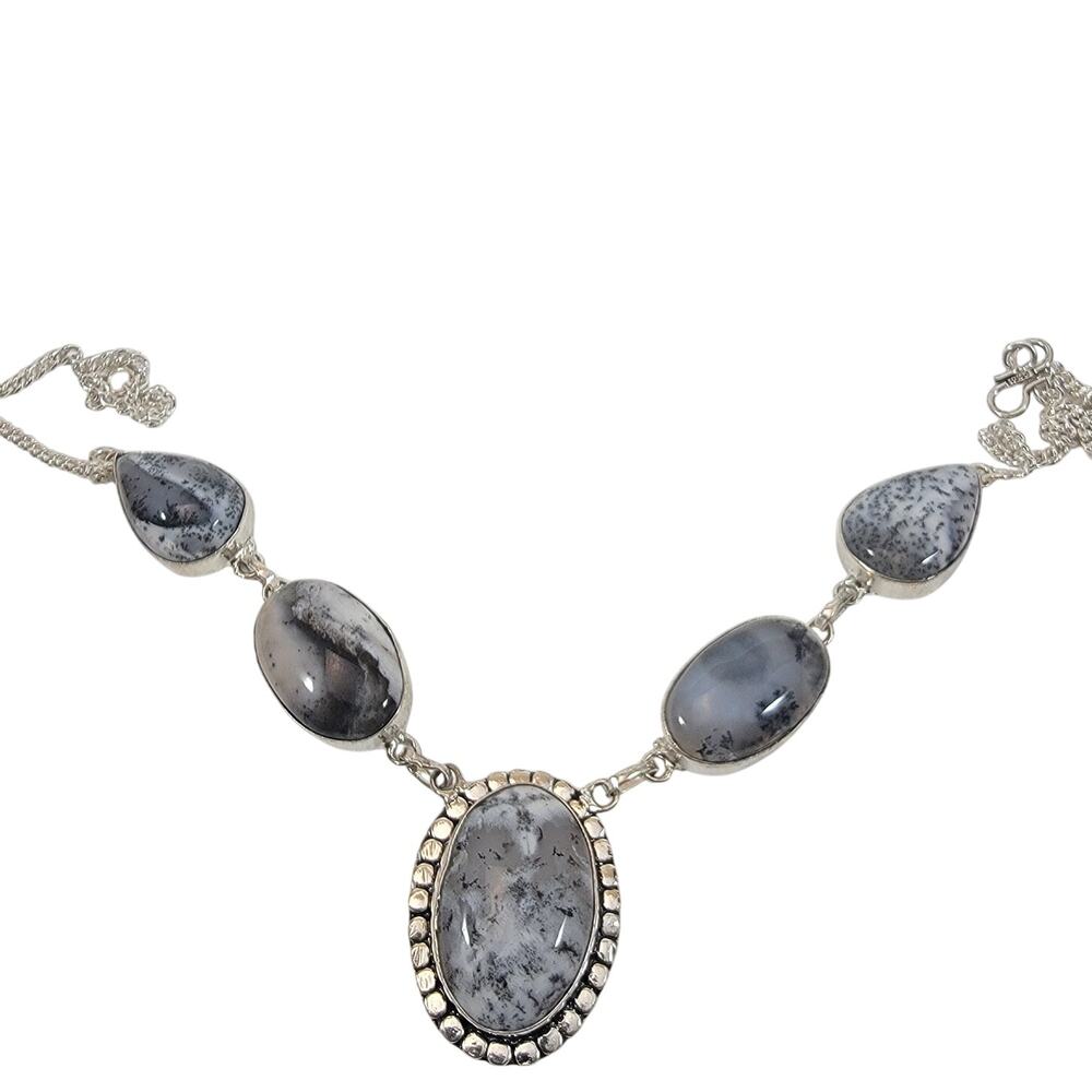 Handmade Sterling Silver Necklace Dendritic Opal Stones Unique Artisan Jewelry